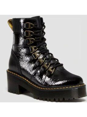 DR. MARTENS Laurenne Black Distressed Patent Leather Lace Up Boots EU 36 US 5